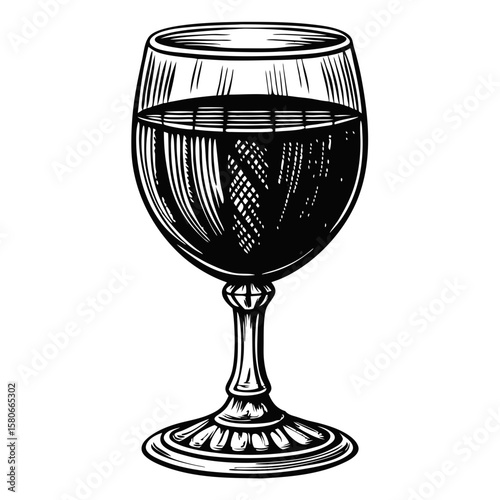 Detailed glass of red wine engraving with smooth liquid, standing on white background. Classically crafted glass of red wine with refined stemware and clear liquid reflecting light.