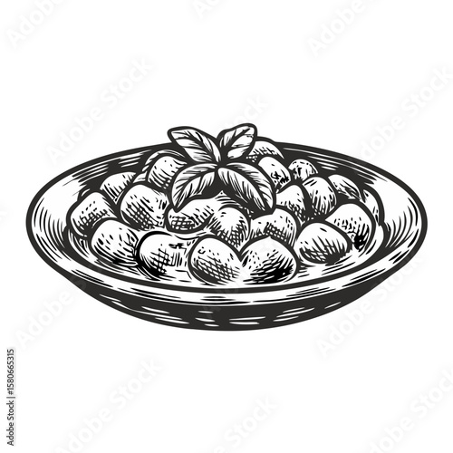 Gnocchi with parmesan on a plate, presented as a rustic dish. Gnocchi with parmesan, garnished with fresh basil, represents a classic Italian meal with tasty parmesan.