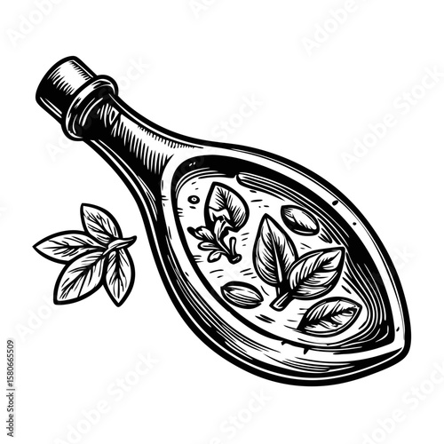 Artistic illustration of olive oil dip with herbs in decorative bottle. Olive oil dip with herbs showcases vibrant basil leaves and aromatic herbs within elegant flask. Enjoy olive oil dip with herbs,