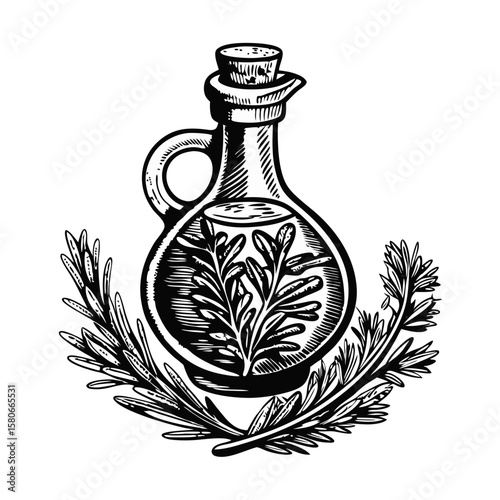 Olive oil dip with herbs, a botanical illustration displaying fresh herbs within rustic bottle. Olive oil dip with herbs, evoking culinary elegance and freshness.
