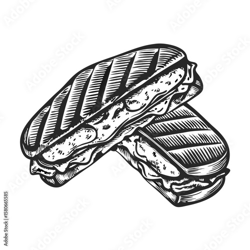 Fresh panini sandwich grilled and sketched on white background. Panini sandwich grilled to perfection features detailed cross-hatch lines and savory fillings.
