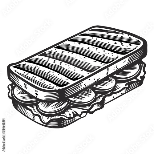 Delicious panini sandwich grilled to perfection, showcasing its tasty layers of cheese, meat, and vegetables. Grilled panini sandwich is perfect lunch meal, offering flavorful and satisfying bite.