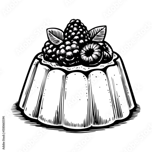 Panna cotta with berries in monochrome engraving, showcasing delicious dessert. Panna cotta with berries is an exquisite confection featuring fresh raspberries and blackberries.