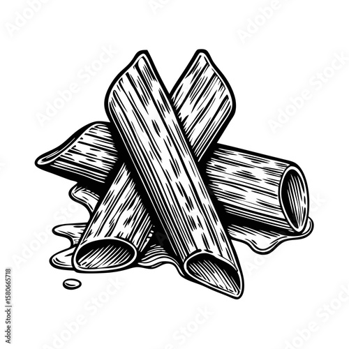 Penne pasta with tomato sauce depicted in detailed illustration. Penne pasta served with rich sauce enhances any menu, its classic appearance bringing familiar charm.