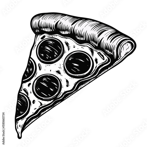 Pepperoni pizza slice in monochrome artistic rendering, detailed drawing of pepperoni pizza slice. Pepperoni pizza slice on white background for pizzeria menus and promotional graphics.