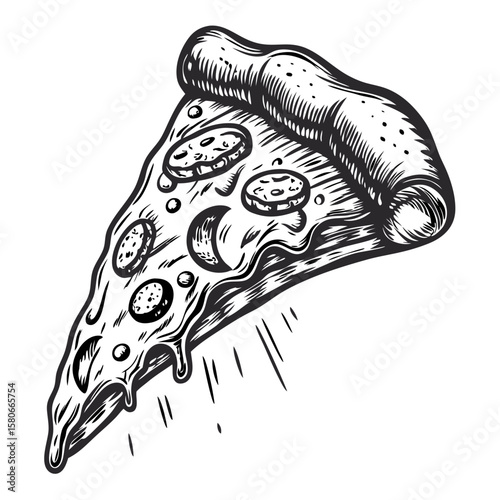 Slice of pizza being tossed in the air, a hand-drawn illustration of pizza. With its appetizing pepperoni and melting cheese, pizza slice captures culinary delight.