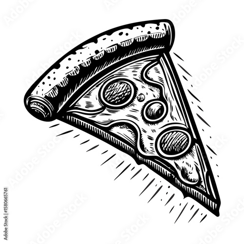 Pizza being tossed in air, triangle slice design, artistic style illustration of fast food. Delicious pizza being tossed in air by chef, cooked slice of Italian pizza in classic restaurant.