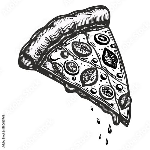 Pizza being tossed in the air, a slice of hand drawn pizza with melted cheese and toppings. Pizza being tossed in the air illustration adds an appetizing look,