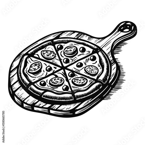 Pizza served on a rustic board, hand drawn in detailed lines, a savory delight. Pizza served on a rustic board features pepperoni slices and olive toppings, ideal for menu design.