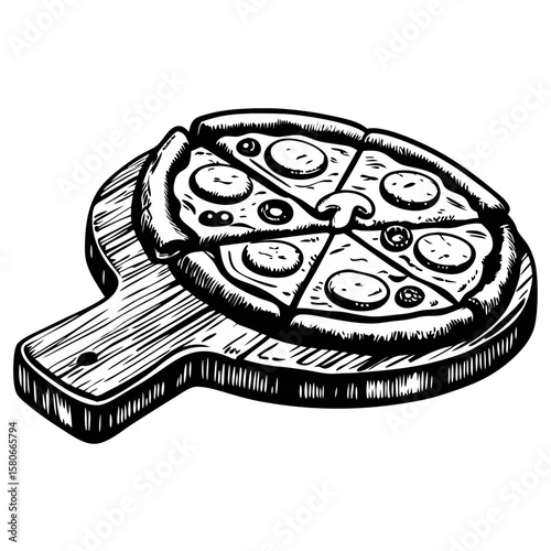 Pizza served on a rustic board, garnished with fresh ingredients, including mushrooms and herbs. Delicious pizza served on a rustic board for a casual meal, offering a taste of Italy.