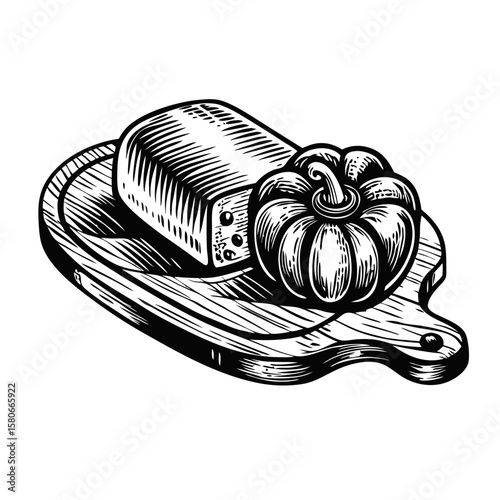Polenta on wooden plate with pumpkin in a rustic style. Polenta on wooden plate provides cozy comfort food and homemade dish goodness, offering healthy eating and warm flavors in one.