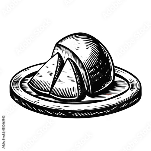 Polenta on wooden plate, classic Italian cuisine. Delicious polenta-on-a-wooden-plate includes sliced cornmeal on a serving dish with artistic shading and detailed line work.