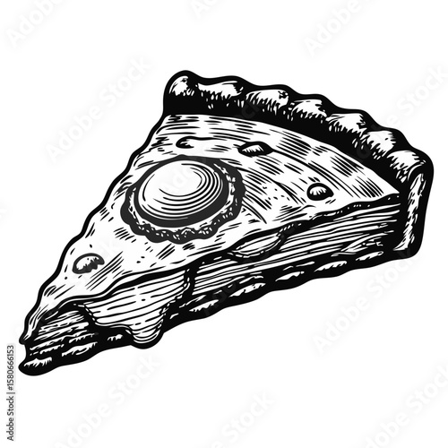Quiche Lorraine slice isolated on white background, drawn in engraving style. Delicious Quiche Lorraine slice, perfect for cafes and restaurants, represents a classic of French cuisine.