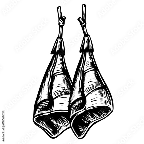 Prosciutto slices folded and hanging, culinary delicacy showcasing artisan cured meat. Display of delicious prosciutto slices emphasizes gourmet food and traditional preparation methods.