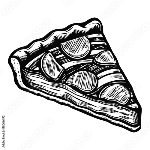 Quiche Lorraine slice drawn in retro style on white backdrop. Quiche Lorraine slice with savory filling and flaky crust brings classic French cuisine to any occasion, with retro flair.