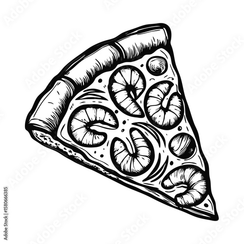 Seafood pizza with shrimp, delectable slice with crust and seafood. Scrumptious seafood pizza with shrimp topping, presented as culinary artwork with creative ingredients.