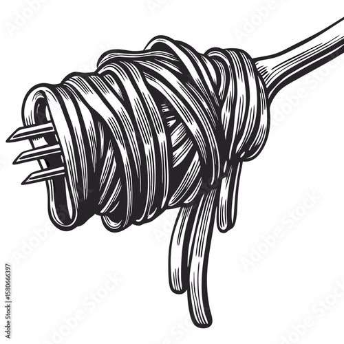 Illustration of squid ink pasta on a fork, showcasing traditional italian cuisine, pasta twirled around vintage fork. Squid ink pasta on a fork drips delicately, evoking elegance.