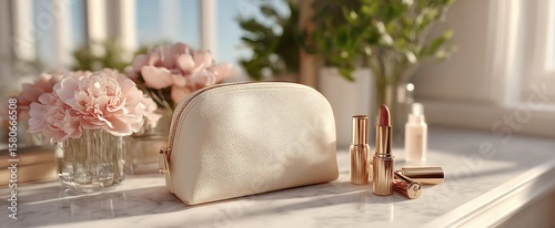 Elegant beige makeup bag with lipstick and nail polish on marble countertop in bright modern bathroom with flowers and plants