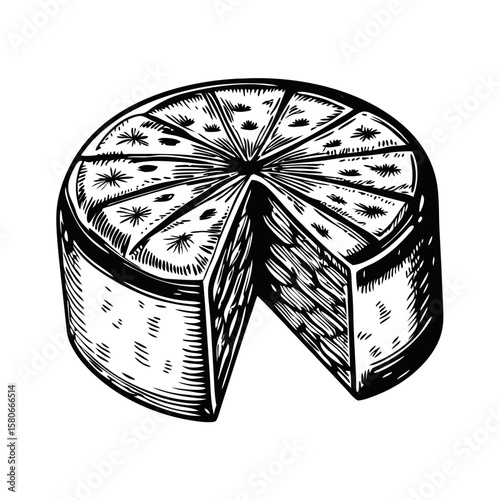 Wheel of brie with a wedge cut and cheese section is sketched in vintage style, delicious dairy product. Wheel of brie concept for vintage food illustrations,