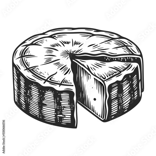 Delicious wheel of brie with a wedge cut. Brie cheese illustration, including circle of brie with a section removed, perfect for cheese lovers.