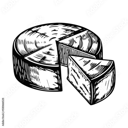 Wheel of brie with wedge cut, rendered as a vintage style drawing. This cheese wheel with wedge cut showcases dairy product freshness and appetizing presentation,