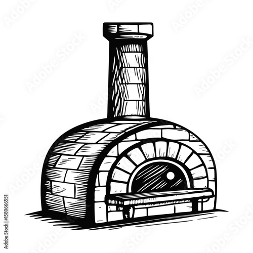 Appealing wood-fired-pizza-oven design shown in black and white sketch style. This wood-fired-pizza-oven element shows a rustic style for those who love home-cooked pizza.