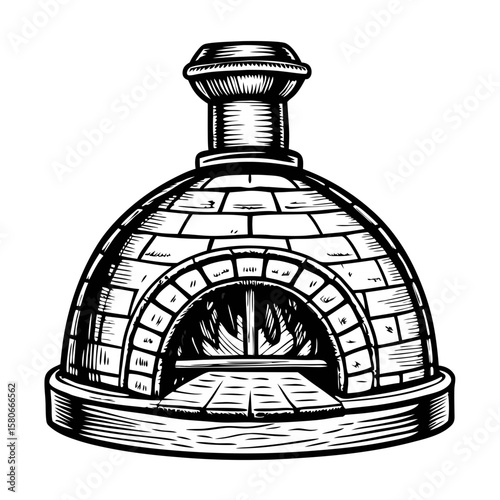 Traditional wood-fired pizza oven for authentic culinary experiences. Wood-fired pizza oven showcases brick construction and arched opening with roaring flames.