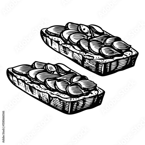 Two open-faced sandwiches or tartines with pate spread on bread, simple sketch illustration. Detailed tartines with pate ingredients creates eye-catching dish.