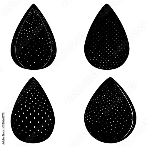 Four black teardrop shapes with dot patterns arranged in a grid on a white background visual display