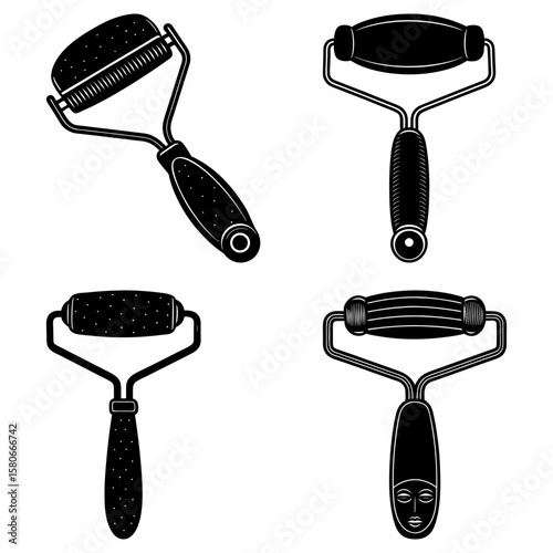 Illustration showing a set of four different massage rollers with unique handle designs and roller textures