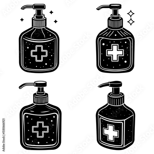 Four hand sanitizer bottles with pump dispensers and plus signs in a black and white vector illustration