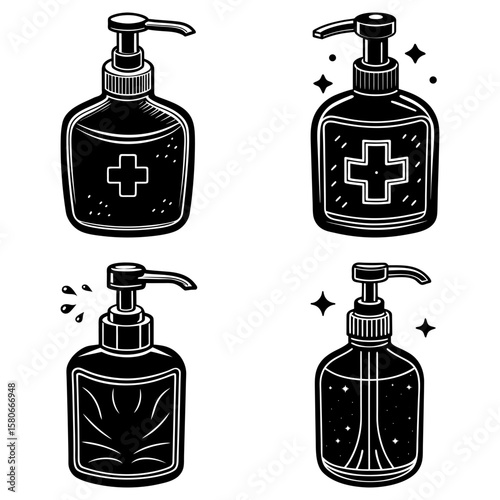 Four monochrome hand sanitizer bottles with pump dispensers and different designs on the labels displayed