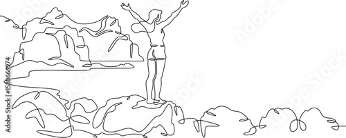 Continuous one line drawing  girl stands waving on a big rock on the seashore. Woman in short shorts on the seashore. Rocks and mountain by the sea. One continuous line isolated minimal illustration