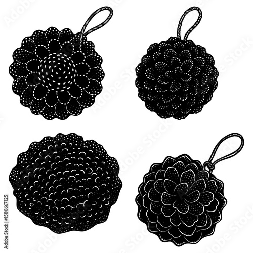 Illustration of four black bath poufs with different textures and hanging loops on white background