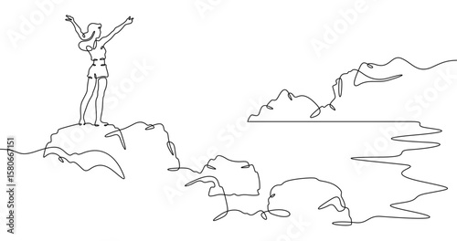 Continuous one line drawing  girl stands waving on a big rock on the seashore. Woman in short shorts on the seashore. Rocks and mountain by the sea. One continuous line isolated minimal illustration
