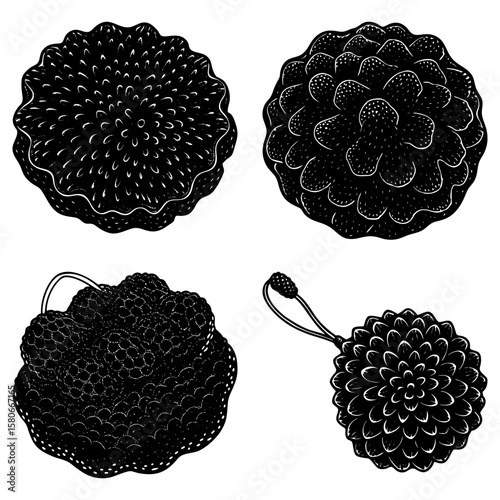 A collection of four black bath sponges with varying textures and shapes on a white background