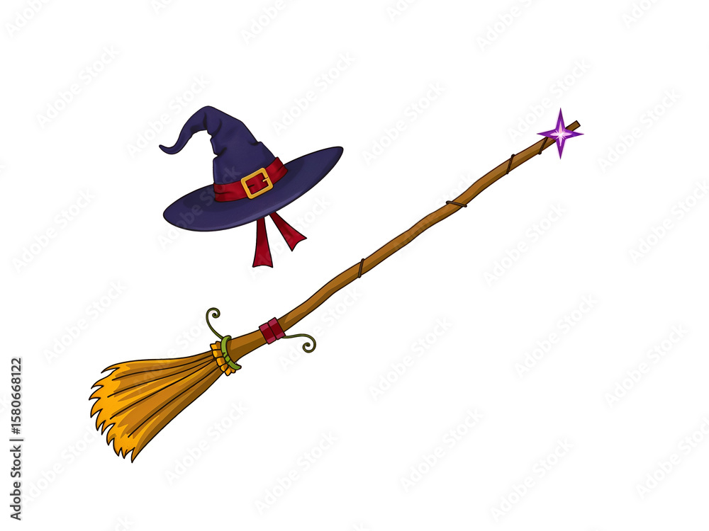 Fototapeta premium Cartoon witch hat with star and flying broomstick, symbol of Halloween magic. Generative AI