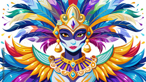 Mardi Gras costume from Louisiana bursts with sequins, feathers, and bright masks, full of festivity and movement, beautifully suited for a vivid, character-driven vector design.
