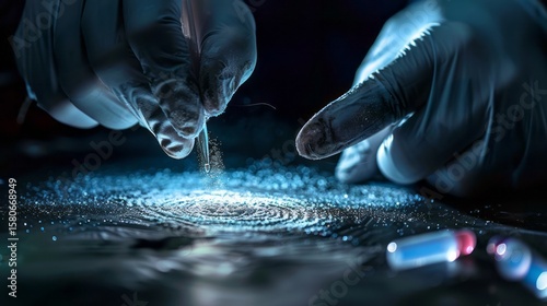 Forensic Analysis Reveals Latent Fingerprint: A Crime Scene Investigation with Delicate Powder Techniques and Evidence Gathering for Legal Procedures.