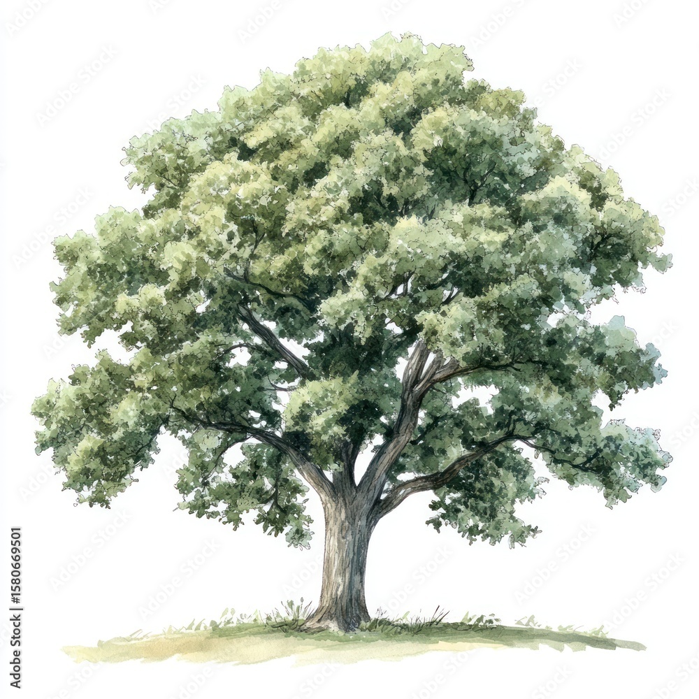 Fototapeta premium Green Oak tree illustration watercolor painting.