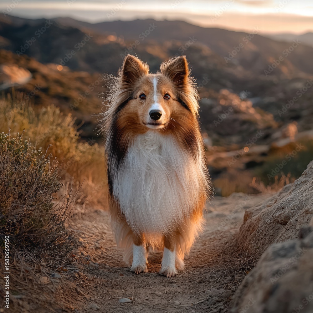 Naklejka premium Beautiful Shetland Sheepdog standing on rocky trail du sunset outdoor landscape scenic wildlife photography