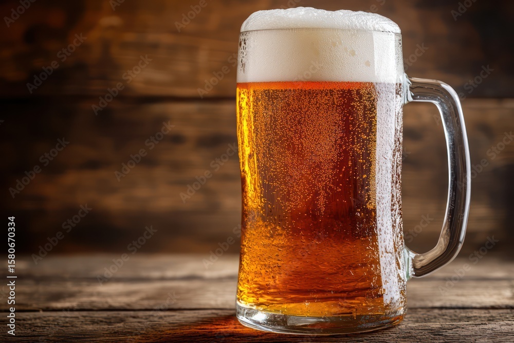 Frosty Beer Mug with Foam on Rustic Table Frosty Beer Mug with Foam on Rustic Table