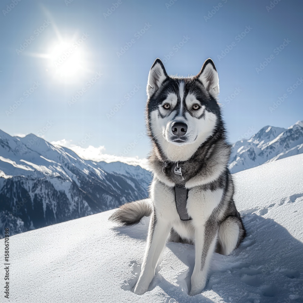 Fototapeta premium Siberian Husky dog sitting in snowy mountain landscape with bright sun clear blue sky and snow-covered peaks du winter daytime