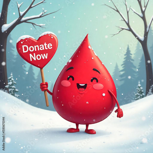 A cartoon blood droplet in a snowy scene holds a heart sign that reads 