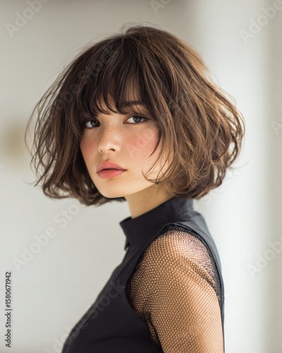 Young woman with short messy brown hair and fair skin wea a black mesh top looking over shoulder indoors with natural light