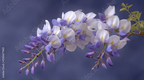 Close-up of beautiful white and purple wisteria flowers blooming on a branch with a blurred natural background perfect for sp or garden themes