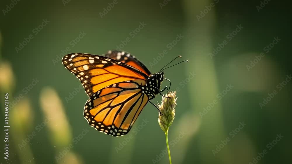 Monarch butterfly perched on grass with soft background Monarch butterfly perched on grass with soft background