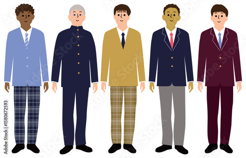 いろんな国の男子学生たち制服正面全身アイコンセット5人
