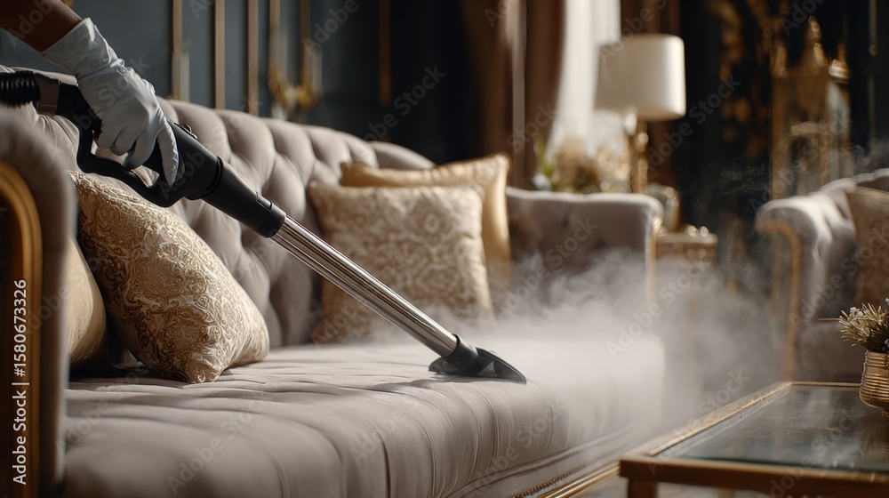 Fototapeta premium Ultra-Deep Cleaning Sofa with Steam Vacuum Cleaner in Luxurious Living Room Featu Elegant Decor and Soft Pillows