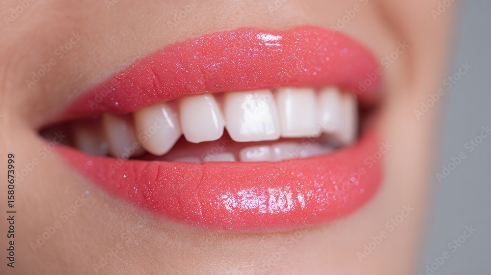 Obraz premium Close-up of smiling female with glossy pink lips and white teeth.